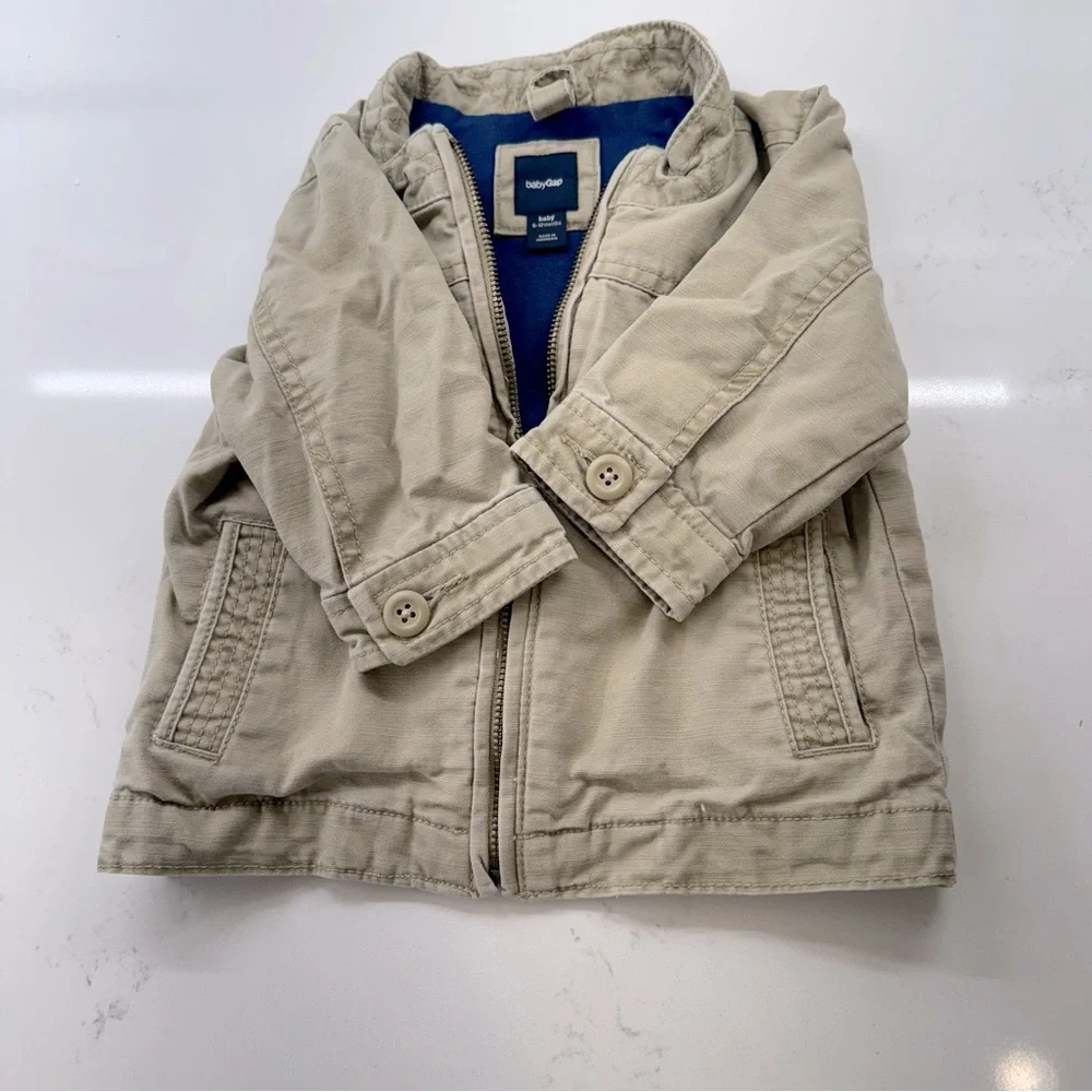 Gap kids tan khaki canvas jacket brown babygap zip up coat 100% cotton
